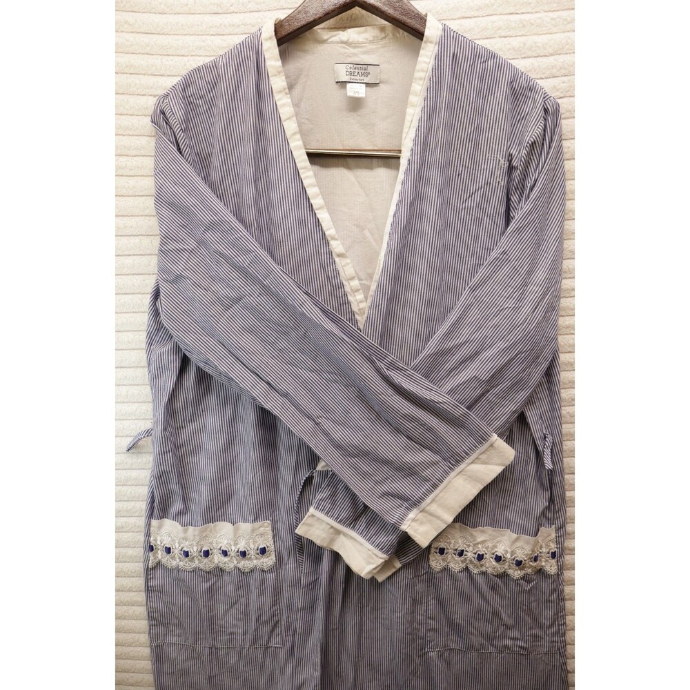 celestial dreams collection Woman’s large robe Knee Blue White Stripped 2 pocket